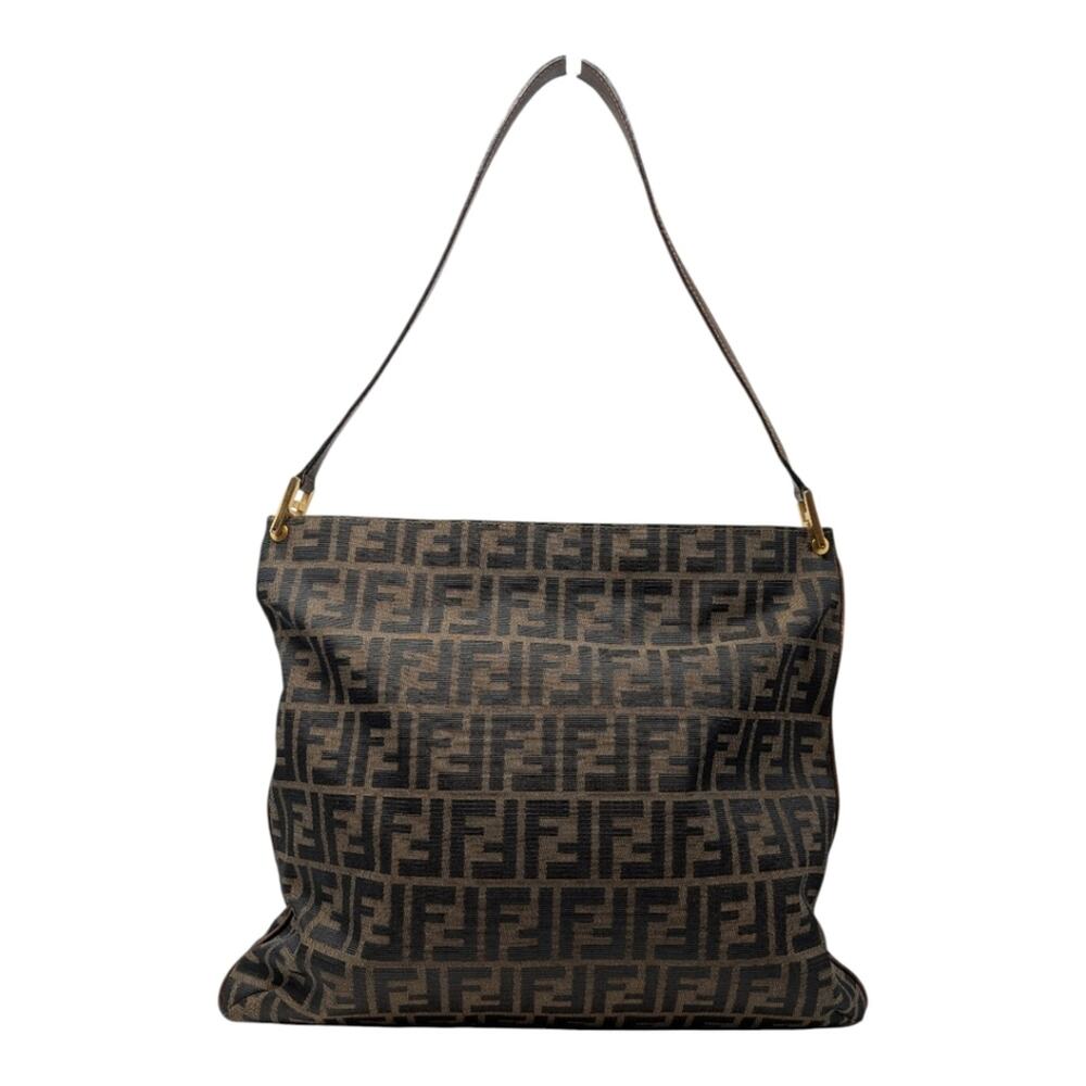Vintage Fendi Zucca Shoulder Bag Hobo Tobacco FF Gold Hardware Brown Black - Picture 4 of 12